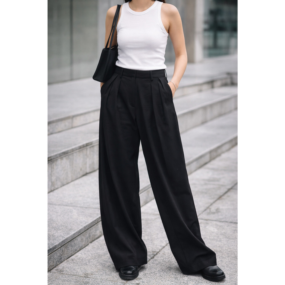 Roucha Wide Leg Trousers Black Pleated High Waist Minimalist Chic Quiet Luxury L